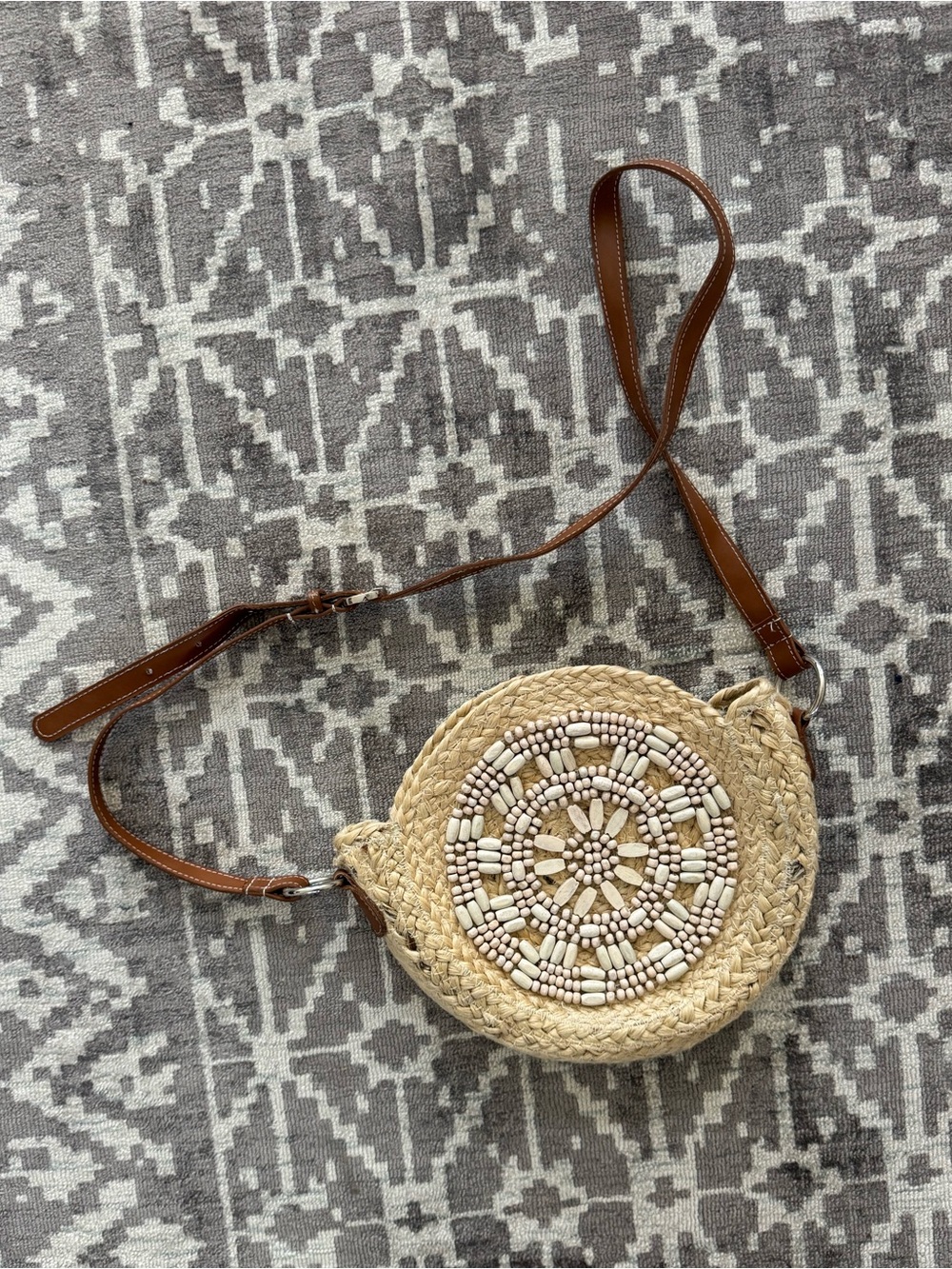 Lulu's Natural Straw Round Crossbody with White Bead Detailing